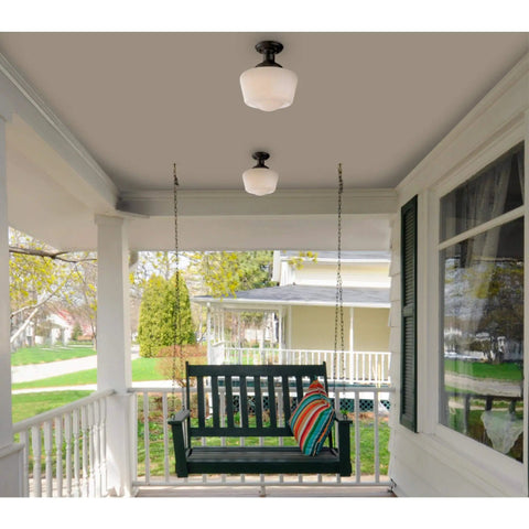 Vintage Style Outdoor Ceiling Light One Light Semi Flush Mount In Textured Black With White Opal Glass For Front Porch And Balcony, 9 Inch Exterior Fixture, Outdoor Rated, 60W Max Bulb, Energy Efficient installed on a porch ceiling