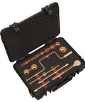Rigged Out 17 Piece Half Inch Square Drive Socket Set Crafted From DropForged Beryllium Copper For Badass Zero Spark Action And Ultimate Job Site Flex With Ratchet Extensions And Hard Case in open storage case.