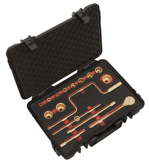 Rigged Out 17 Piece Half Inch Square Drive Socket Set Crafted From DropForged Beryllium Copper For Badass Zero Spark Action And Ultimate Job Site Flex With Ratchet Extensions And Hard Case in open storage case.