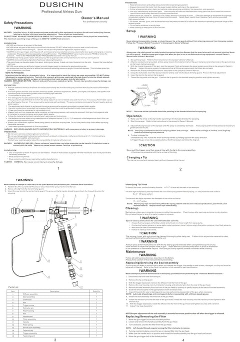 Heavy Duty High Pressure Airless Paint Primer Spray Gun Featuring Slick Reversible 517 Tip And Swivel Coupler owner's manual with safety instructions.