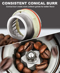 binROC Electric Conical Burr Coffee Grinder With Portafilter Holder In Sleek Black showing conical burr and roasted coffee beans.