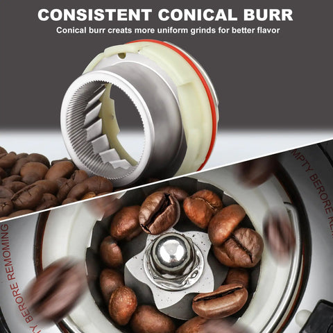 binROC Electric Conical Burr Coffee Grinder With Portafilter Holder In Sleek Black showing conical burr and roasted coffee beans.