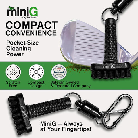 Mini Golf Brush With Detachable Magnet And Heavy Duty Nylon Bristles For Quick Clubface And Groove Cleaning On The Go Dry Scrubber Golf Accessory With 3 Year Warranty Used On Pro Tours, shown with magnetic clip and nylon bristles.