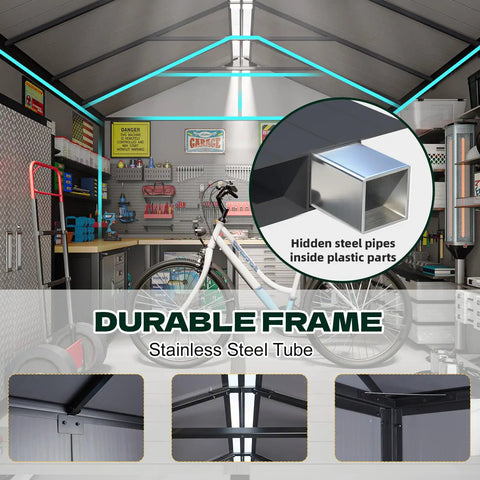 Interior view of 8 X 10 Ft Resin Outdoor Storage Shed With Floor, Windows And Lockable Door highlighting durable steel frame.