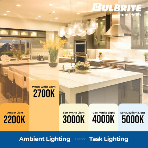Kitchen with ambient and task lighting color temperatures, showcasing Bulbrite warm white 2700K lighting for decor use.