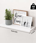 Premium White Floating Shelves Set Of 6 For Wall Decor And Home Storage, 16.5x6 inches with plant and framed photos.