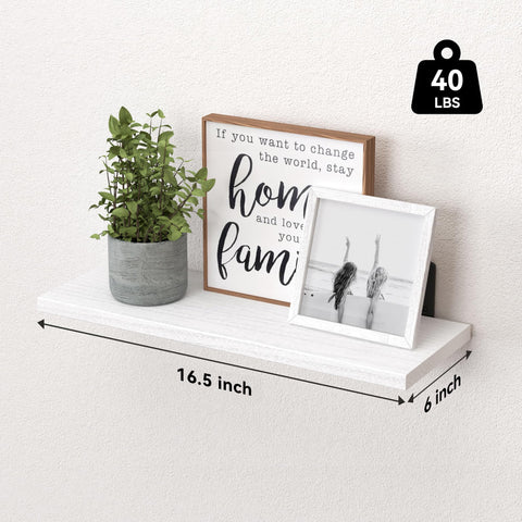 Premium White Floating Shelves Set Of 6 For Wall Decor And Home Storage, 16.5x6 inches with plant and framed photos.