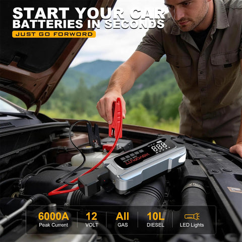 Kickstart Any Ride Smooth Today With This 6000A Auto Battery Booster and Dual Cylinder Tire Inflator features a jumper connected to battery.