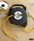 Heavy Duty Retractable Extension Cord Reel 40 Feet With 3 Outlets 12 Gauge SJTW 3 Prong Lighted Plug 15 Amp Circuit Breaker Mountable Power Cord Reel For Home Shop Garage showing overload breaker and cable stopper.