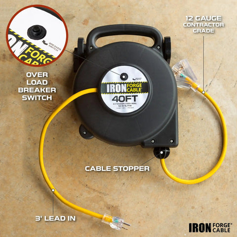 Heavy Duty Retractable Extension Cord Reel 40 Feet With 3 Outlets 12 Gauge SJTW 3 Prong Lighted Plug 15 Amp Circuit Breaker Mountable Power Cord Reel For Home Shop Garage showing overload breaker and cable stopper.