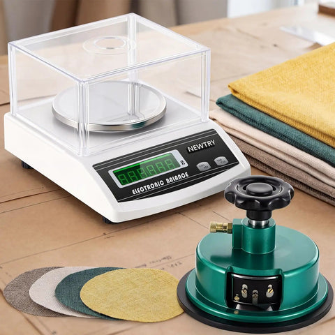 Electronic Fabric GSM Scale With 0-2mm Disc Sampler alongside fabric swatches, digital weight balance, and sampler disc.