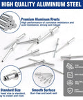 Aluminum Blind Rivets Assortment Kit 500 Pieces With Fourteen Sizes Including One Eighth Inch Three Thirty Second Inch Five Thirty Second Inch Three Sixteenth Inch One Quarter Inch Reinforced Label Case For DIY Metal Fixes And Durable Pop Rivets. Image shows premium aluminum rivets with smooth surface and standard size highlights.