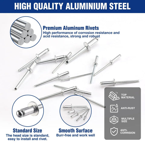 Aluminum Blind Rivets Assortment Kit 500 Pieces With Fourteen Sizes Including One Eighth Inch Three Thirty Second Inch Five Thirty Second Inch Three Sixteenth Inch One Quarter Inch Reinforced Label Case For DIY Metal Fixes And Durable Pop Rivets. Image shows premium aluminum rivets with smooth surface and standard size highlights.