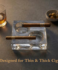 Clear Glass Cigar Ashtray Made From Premium Crystal, Heavyweight For Two Cigars, Modern Square Design with cigars