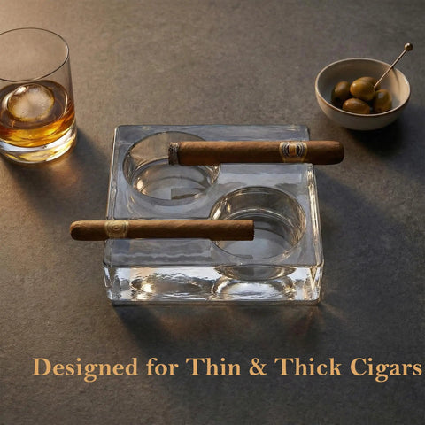 Clear Glass Cigar Ashtray Made From Premium Crystal, Heavyweight For Two Cigars, Modern Square Design with cigars