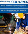 Men welding using Top 26Pc MIG Welder Accessory Kit For MB 24KD Gun With Snappy Gas Nozzles Ceramic Shunts And Red Copper Contact Tips Ready To Go.
