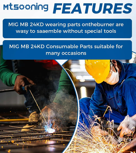 Men welding using Top 26Pc MIG Welder Accessory Kit For MB 24KD Gun With Snappy Gas Nozzles Ceramic Shunts And Red Copper Contact Tips Ready To Go.