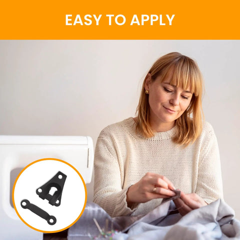 Woman sewing with Heavy Duty Pant Hooks And Eyes Closure Kit For Clothing Repair Rock Solid Sewing Fasteners No Sweat Setup For Trousers Skirts And Dresses Nailed Fit Design 12 Pairs Black.