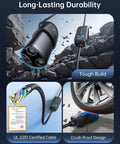 Heavy Duty Level 2 Electric Vehicle Charger With 32 Amp Power And A No Fuss Nema 14 50 Plug showing tough build and crush-proof design.