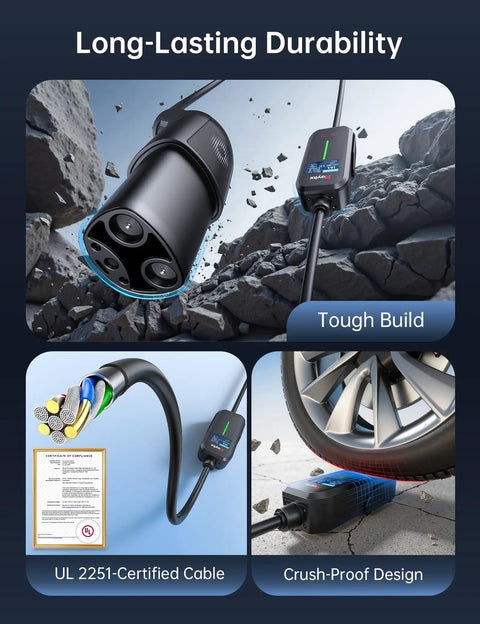 Heavy Duty Level 2 Electric Vehicle Charger With 32 Amp Power And A No Fuss Nema 14 50 Plug showing tough build and crush-proof design.