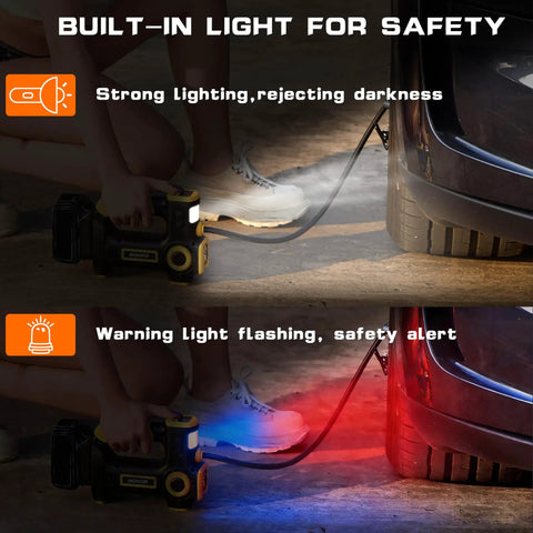 Slick Cordless Tire Inflator Compatible With DeWalt 20V Battery Portable Air Compressor showing built-in strong and warning lights.