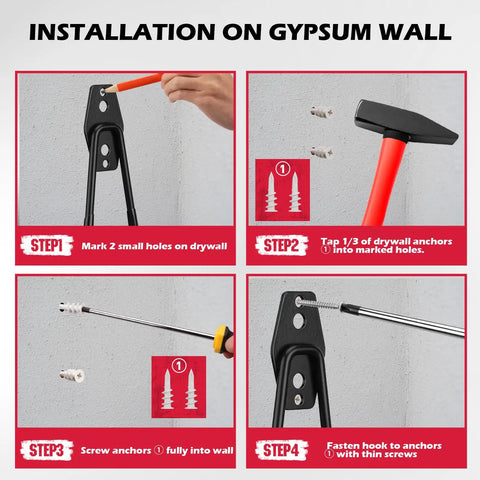 Installation guide for Twenty Pack Heavy Duty Garage Storage Hooks With Extension Cord Organizer on gypsum wall.