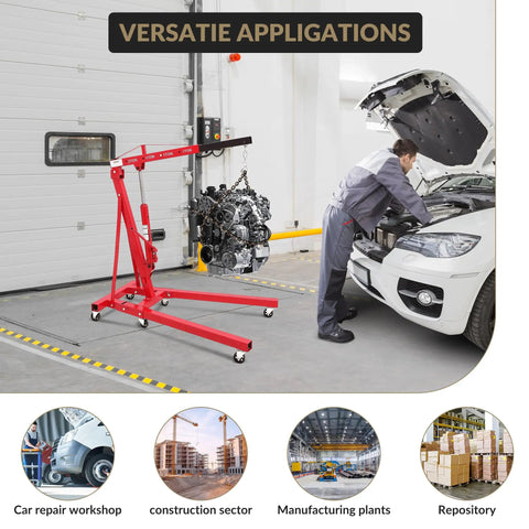 2 Ton Cherry Picker Engine Hoist Folds Flat To Save Bay Space Rolls Smooth On Six Heavy Duty Casters Includes Hand Pump For Garage Crew Auto Projects 4400 Lb in use lifting an engine in a garage.