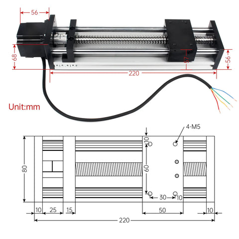 Rock-Solid Precision CNC Linear Stage Actuator With Double Optical Axis Rail And 1204 Ball Screw, 100mm Effective Stroke, diagram.