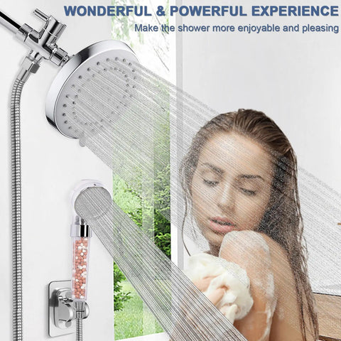 High Pressure Dual Shower Head With Filter 5 Setting Rain Shower Combo for hard water with handheld in use