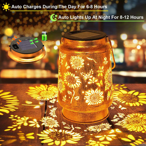 Solar Lanterns Outdoor Hanging Lights Waterproof For Yard Patio Porch Garden LED Decoration With Shepherd Hook Sunflower Pattern Cozy Warm Glow For Nighttime Ambiance Perfect Gift For Women Mom Grandma, bronze lantern glowing sunflower pattern.