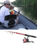Father and son fishing with All In One Fishing Gear Kit With 2 Telescopic Poles And 2 Spinning Reels, boat, lake backdrop.