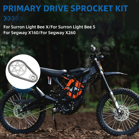 Beefy Drive Sprocket And Chain Kit For Surron Light Bee X And Segway X160 X260 Dirt Bikes, featuring heavy-duty steel sprocket and chain.