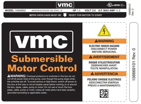 1.5 HP 230V VMC Control Box label showing warnings and model details