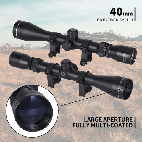 Rifle Scope 3-9x40 SFP With R4 Crosshair Reticle And Ring Mounts, showing 40mm objective lens in field