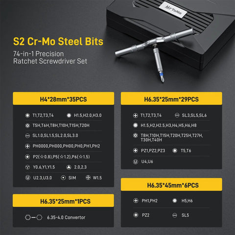 Magnetic 74 In 1 Ratchet Screwdriver Set With Detachable Handle Pro Grade Multi Bit Kit showing steel bits and specifications