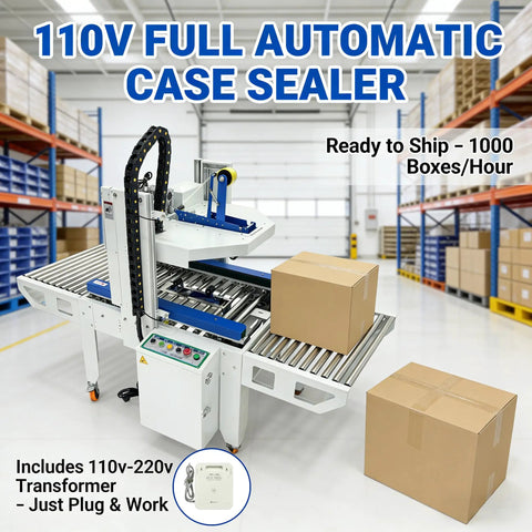 Full Automatic Double Flap Box Sealer With Servo Motor Self Adjusts To Carton Sizes Instantly For High Speed Logistics And Ecommerce Packaging Lines Handles Up To 1000 Boxes Per Hour Effortlessly in warehouse with boxes.