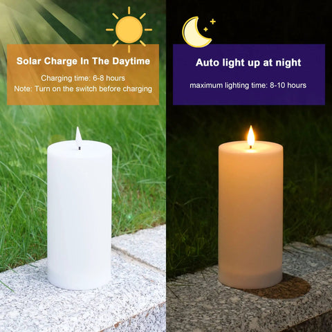 Solar Candles Outdoor Waterproof Flameless Pillar LED Lights Set Of 3 Dusk Till Dawn Auto On Off by day and night