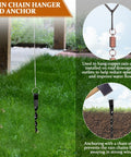 Rain Chain Hanger and Ground Anchor Kit installed with copper chain clip and stake to stop sway, reduce splash, and improve water flow