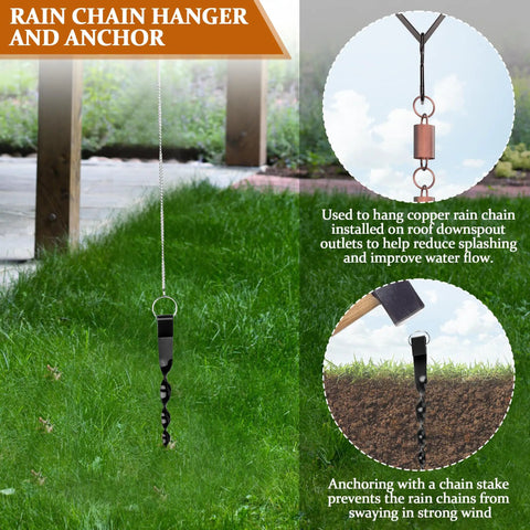 Rain Chain Hanger and Ground Anchor Kit installed with copper chain clip and stake to stop sway, reduce splash, and improve water flow
