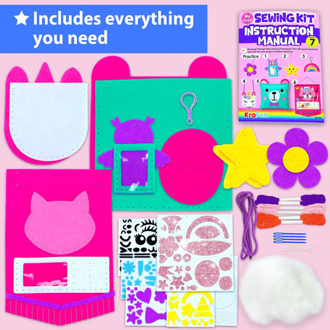 Starter Kids Sewing Kit With 7 Fun DIY Projects Like Stuffed Animal Dolls And Plush Pillows, felt materials, instructions visible
