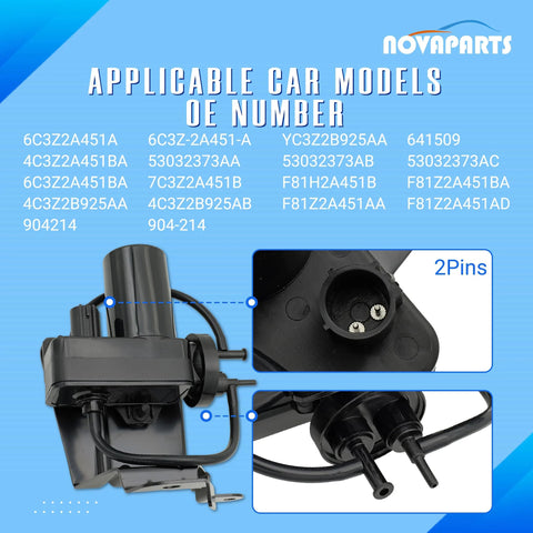 NOVAPARTS 904-214 electric vacuum pump, black automotive module with wiring and 2-pin connector (front view)