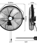 High Velocity Outdoor Wall Mount Fan 18 Inch With Three Speed Settings Max 4300 CFM Weatherproof Heavy Duty Industrial Grade Sealed Motor 2 Ft Pull Chain Ideal For Patio Garage Gazebo And Commercial Use in front and side view with dimensions.