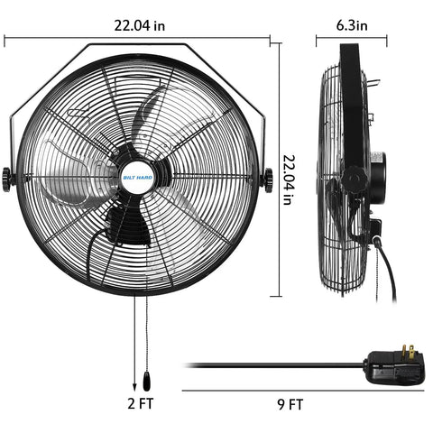 High Velocity Outdoor Wall Mount Fan 18 Inch With Three Speed Settings Max 4300 CFM Weatherproof Heavy Duty Industrial Grade Sealed Motor 2 Ft Pull Chain Ideal For Patio Garage Gazebo And Commercial Use in front and side view with dimensions.
