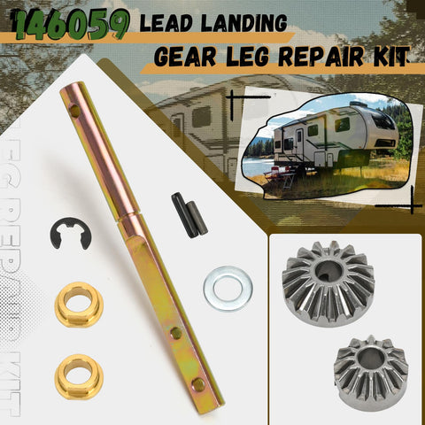 146059 Power Landing Gear Repair Kit for Fifth Wheel RV with shaft, gears, and bushings displayed on white background.