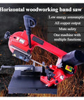 Heavy Duty Horizontal Metal Band Saw Machine Packed With A Beefy 600 Watt Motor Handles Round And Square Steel Like A Champ For Garage Upgrades And Pro Shop Jobs Gotta Get Wrench Turning Fast Without Any Fussy Hassles, showing red band saw with steel base and adjustable cutting features.