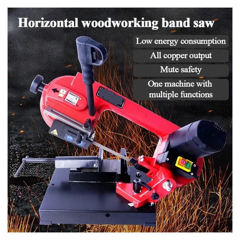 Heavy Duty Horizontal Metal Band Saw Machine Packed With A Beefy 600 Watt Motor Handles Round And Square Steel Like A Champ For Garage Upgrades And Pro Shop Jobs Gotta Get Wrench Turning Fast Without Any Fussy Hassles, showing red band saw with steel base and adjustable cutting features.