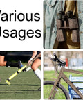 Various uses of 4 Roll Camo Tape Set For Outdoor Gear And Camping, binoculars, hockey stick, and bicycle wrapped in camo tape.