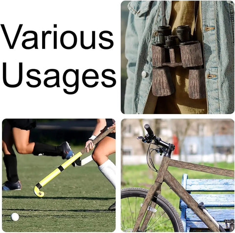 Various uses of 4 Roll Camo Tape Set For Outdoor Gear And Camping, binoculars, hockey stick, and bicycle wrapped in camo tape.