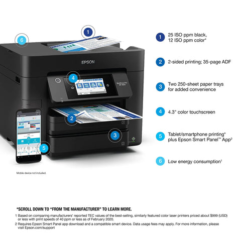 WorkForce Pro WF 4830 Wireless All In One Printer No Fuss Auto Duplex Printing With Copy Scan Fax 50 Page ADF 500 Sheet Tray 4.3 Inch Color Touchscreen Alexa Compatible Black shown with touchscreen and paper trays