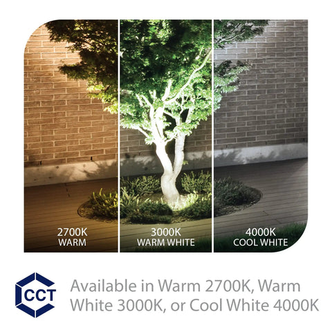 Low Voltage LED Landscape Spotlight For Outdoor Lighting, highlighting tree with adjustable 2700K-4000K lighting control options